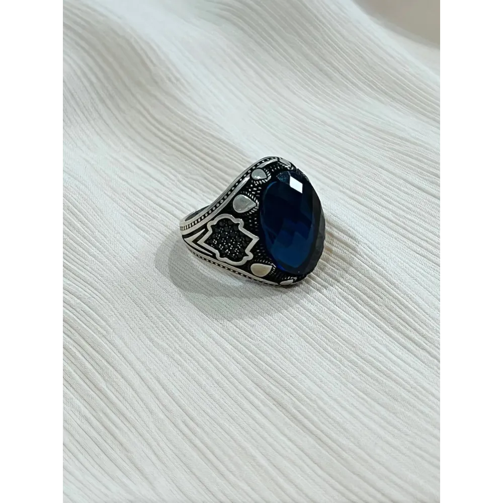 Blue Azurite Sterling Silver Mens Islamic Ottoman Ring