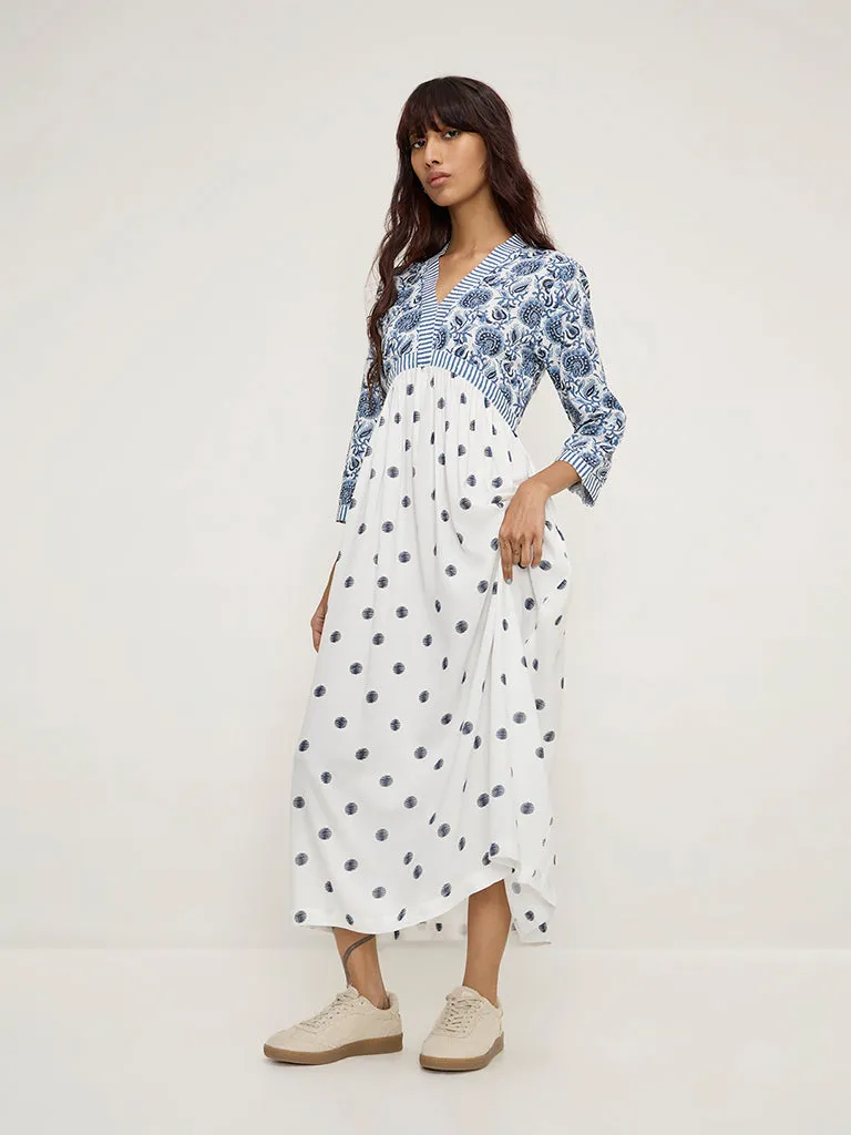 Bombay Paisley White Floral Print Empire-Line Dress