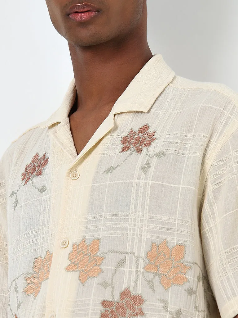 ETA Light Yellow Floral Design Relaxed-Fit Cotton Shirt