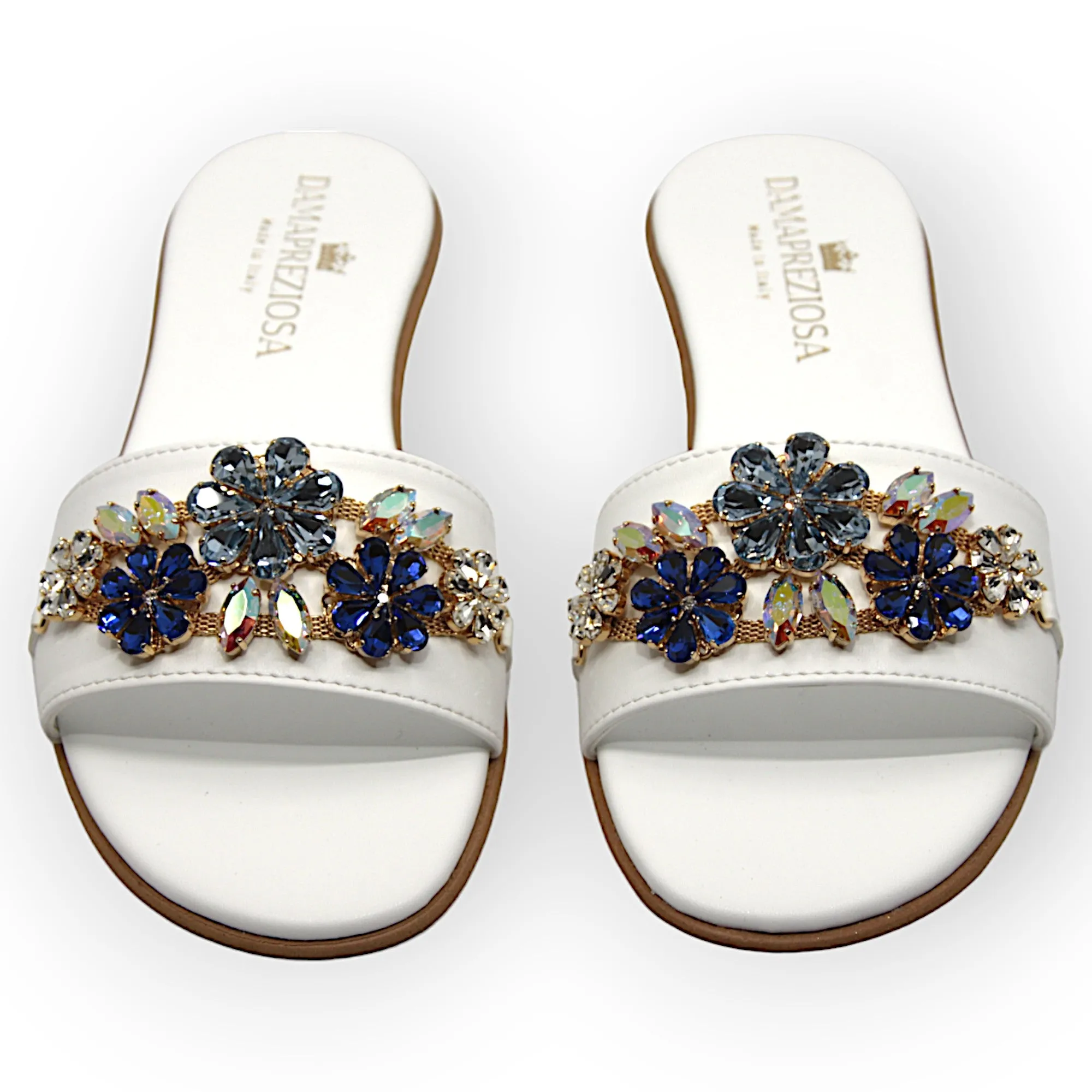 Flora White  Flat Mule Sandals With Sapphire Crystals Flat