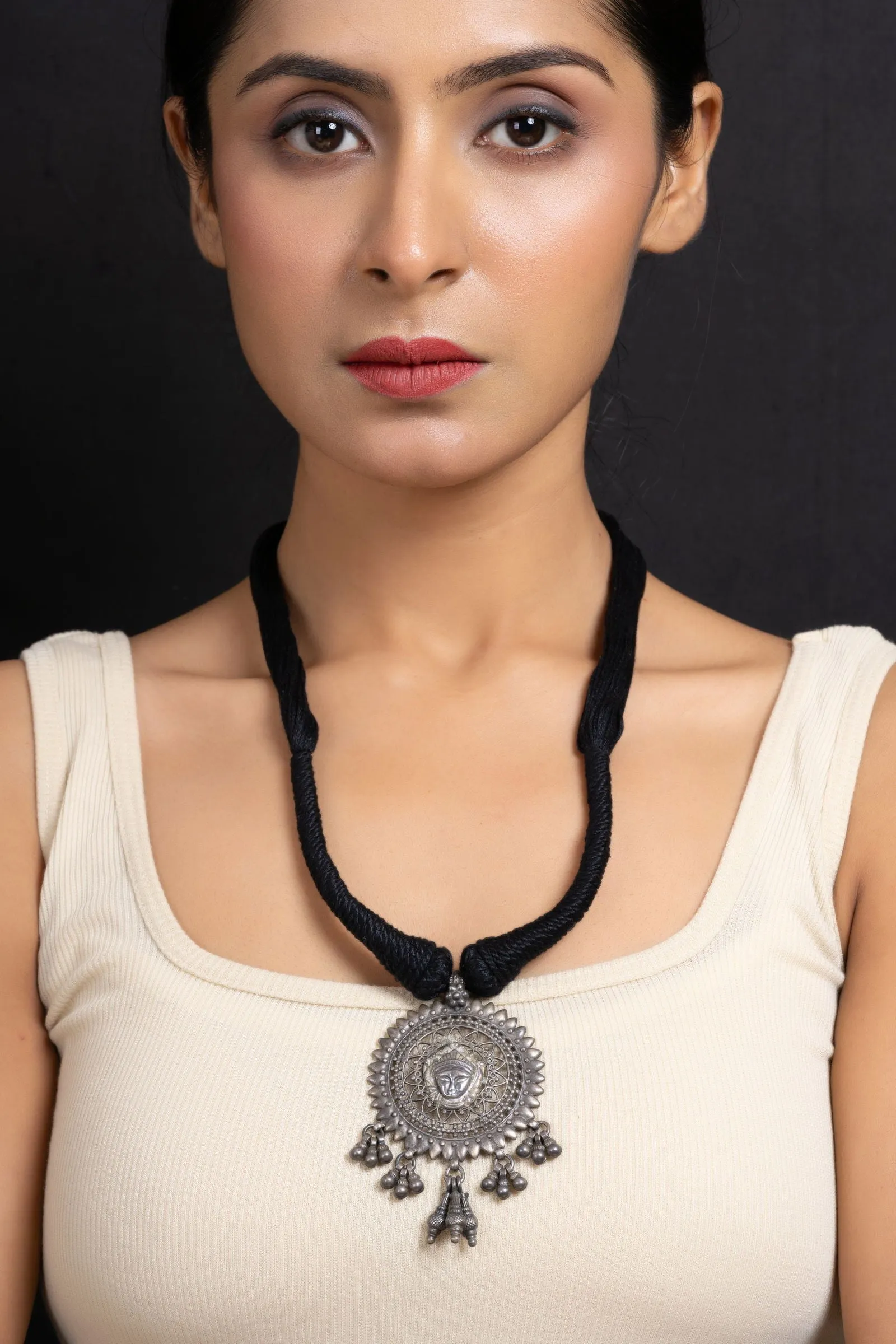 Handcrafted 925 Pure Silver Devi Durga Pendant Necklace with Adjustable Black Dori - Elegant Jewelry