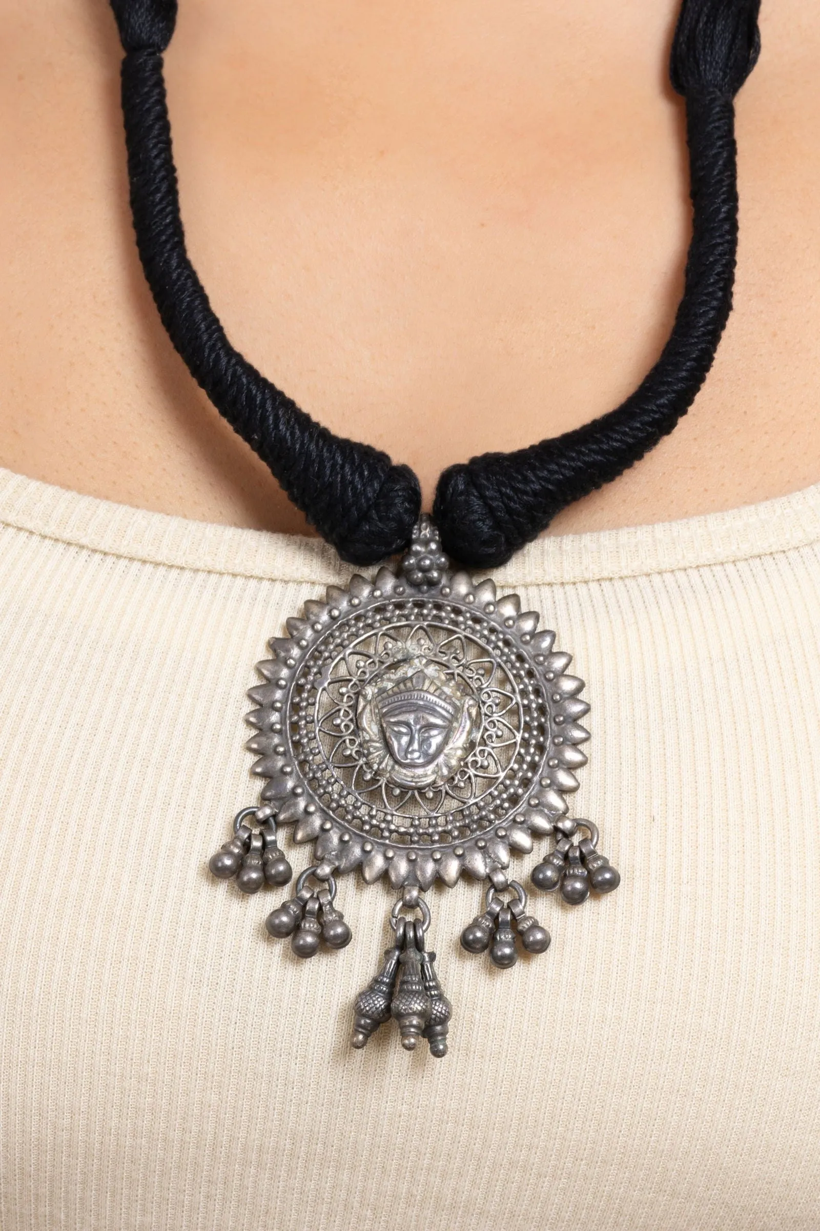 Handcrafted 925 Pure Silver Devi Durga Pendant Necklace with Adjustable Black Dori - Elegant Jewelry