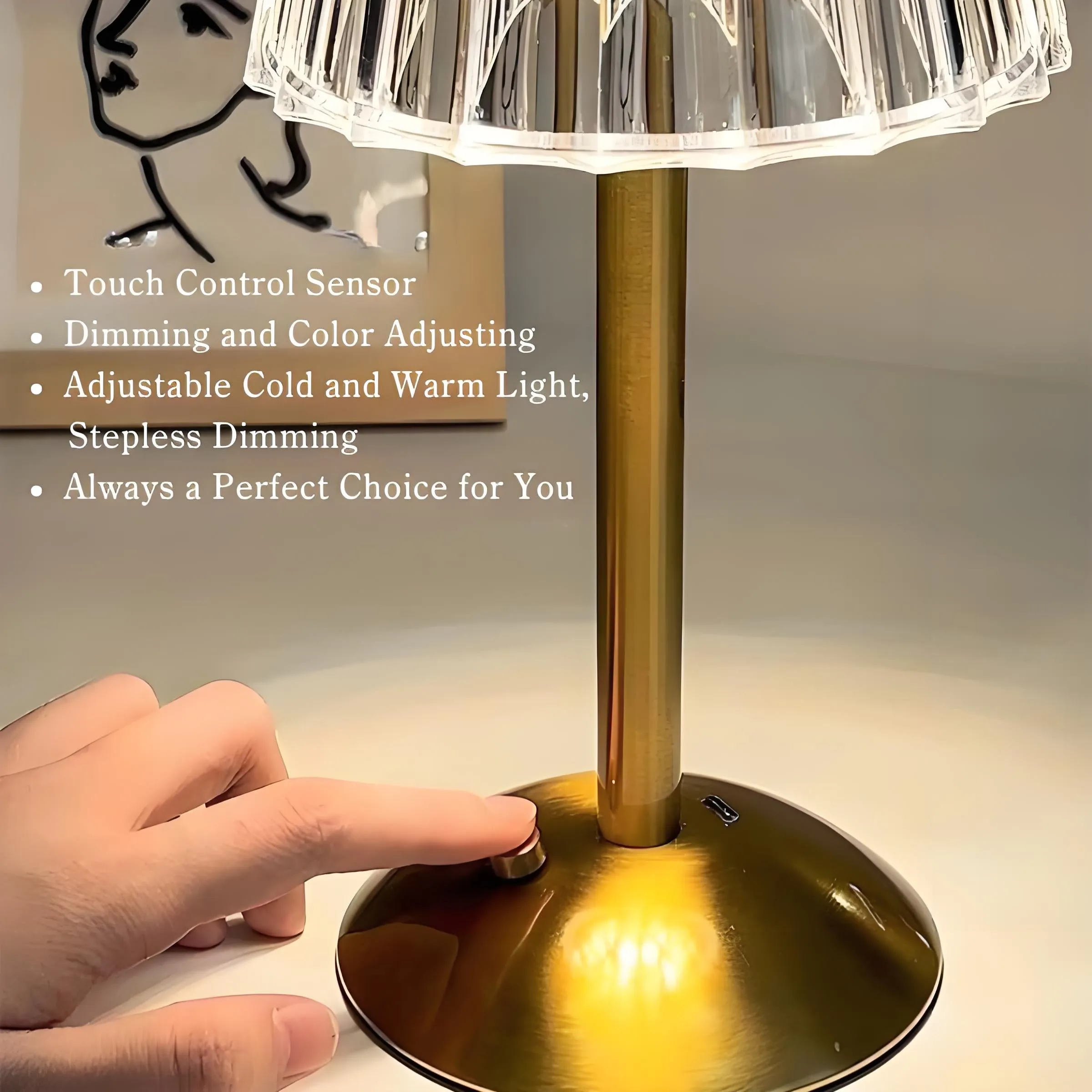 Minimalist Metal Luxury Touch Table Lamp – Creative Diamond Bedroom Nightstand Light, Elegant Touch Control Ambience Lamp