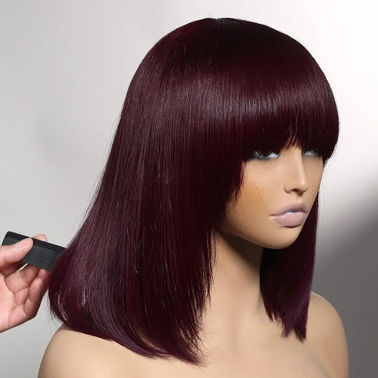 Minimalist Short Bob - Reddish Purple Burgundy Layered Straight with Bangs