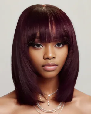 Minimalist Short Bob - Reddish Purple Burgundy Layered Straight with Bangs