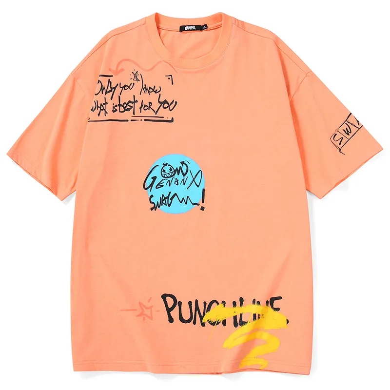 Playful Painted Letter Print Drop-Shoulder Sleeve T-Shirt