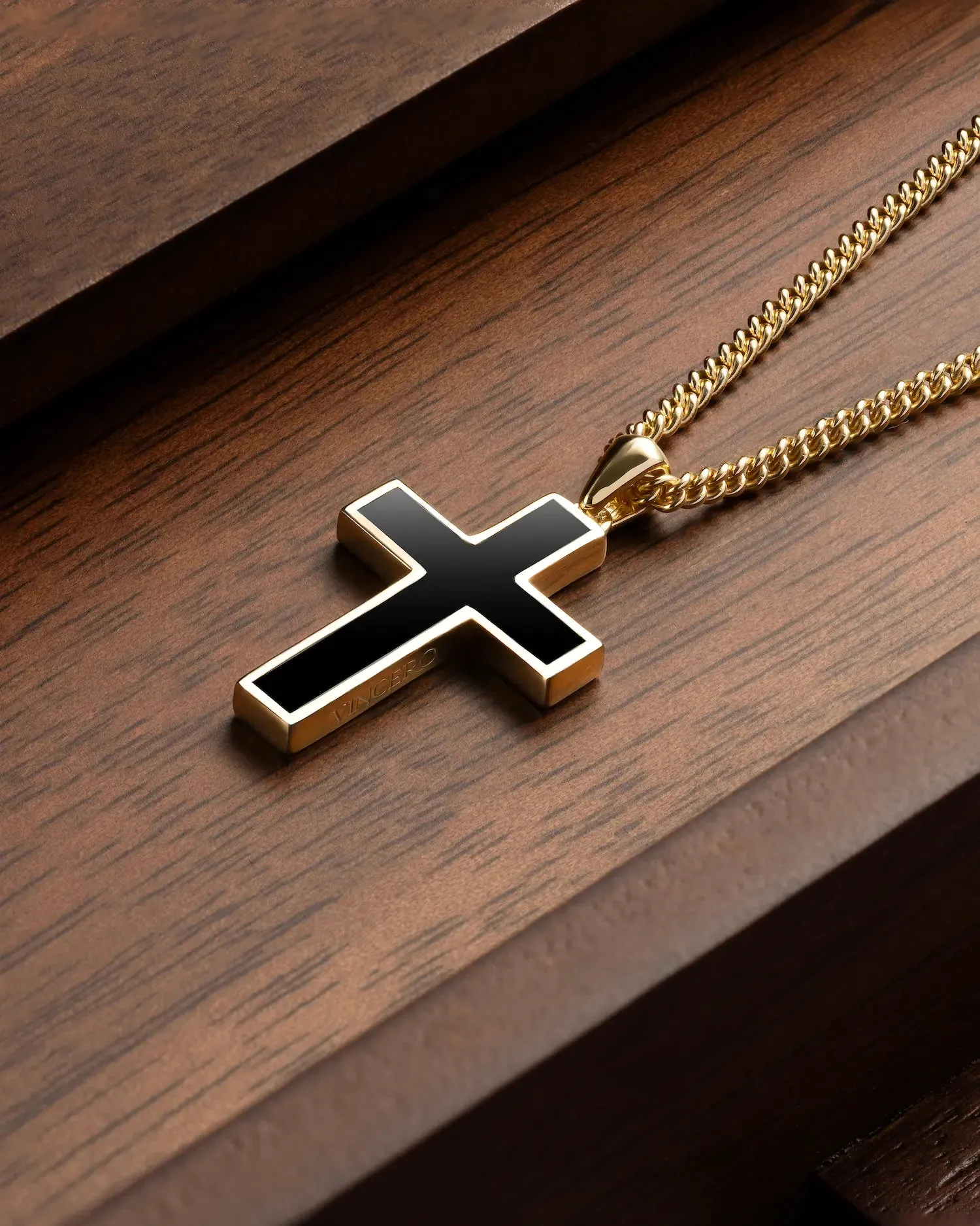 Stone Cross Pendant -  14K Gold Onyx