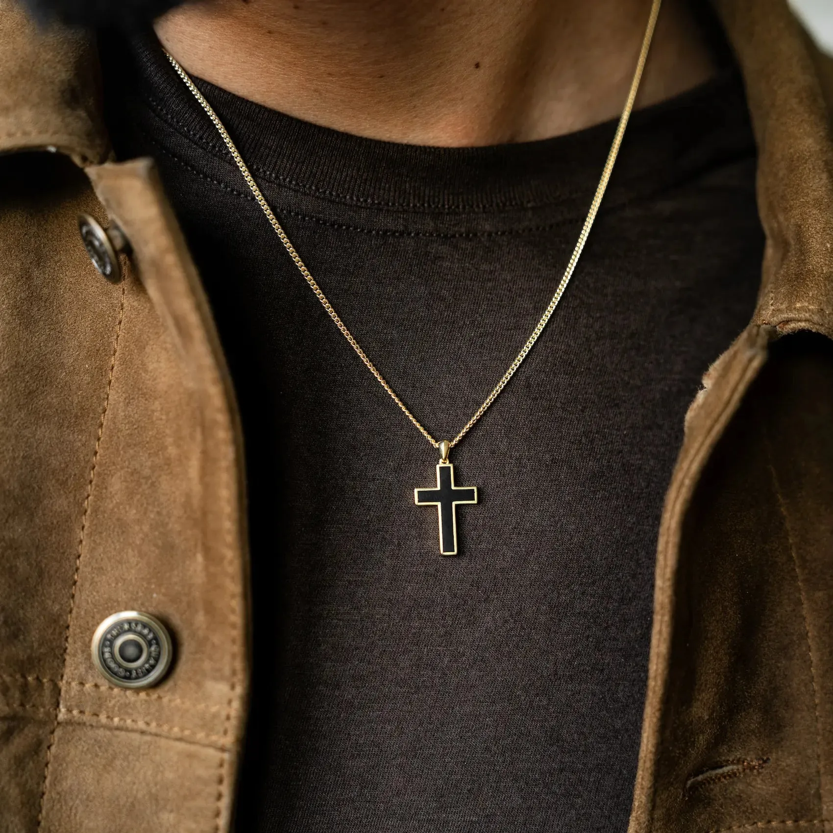 Stone Cross Pendant -  14K Gold Onyx