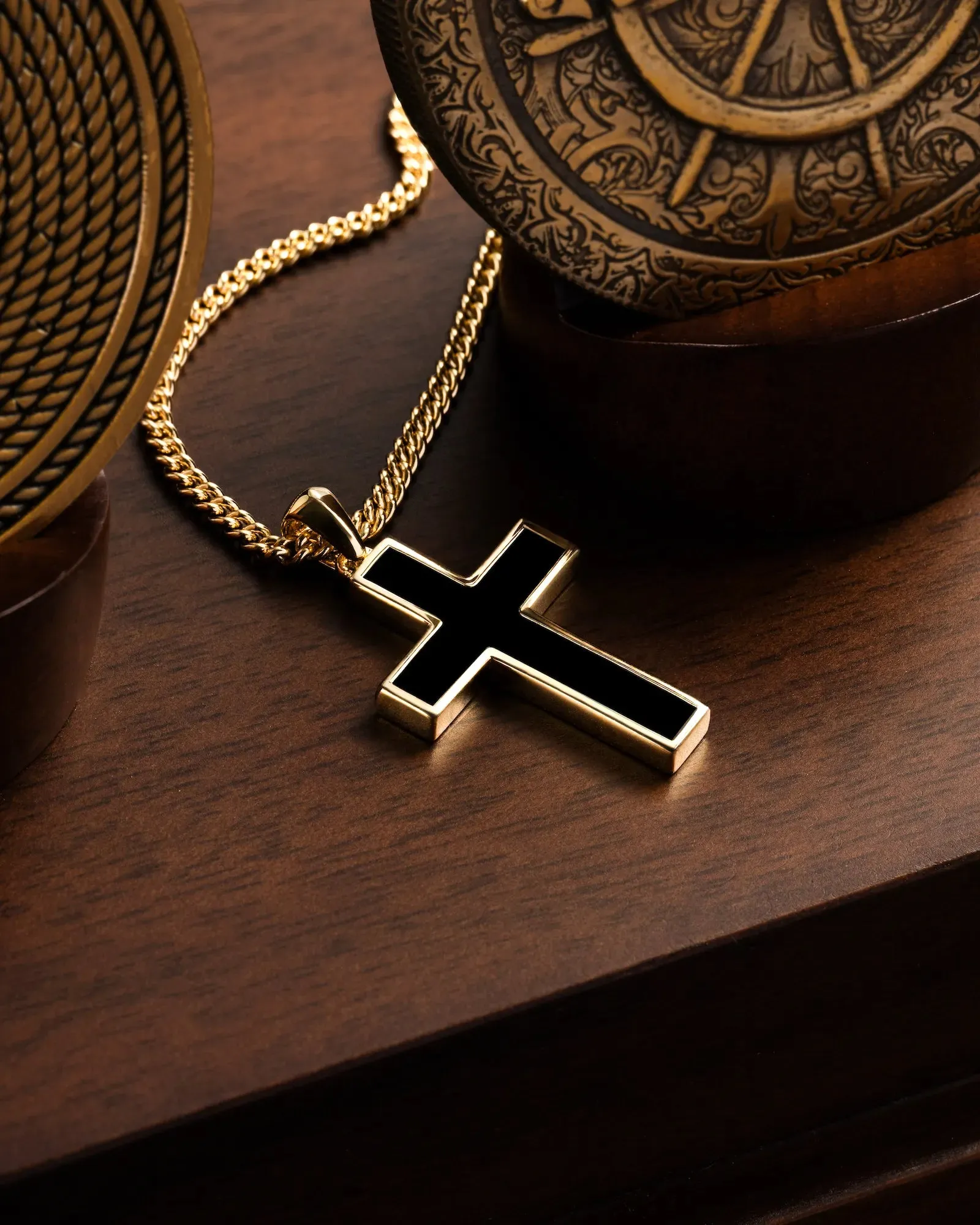 Stone Cross Pendant -  14K Gold Onyx