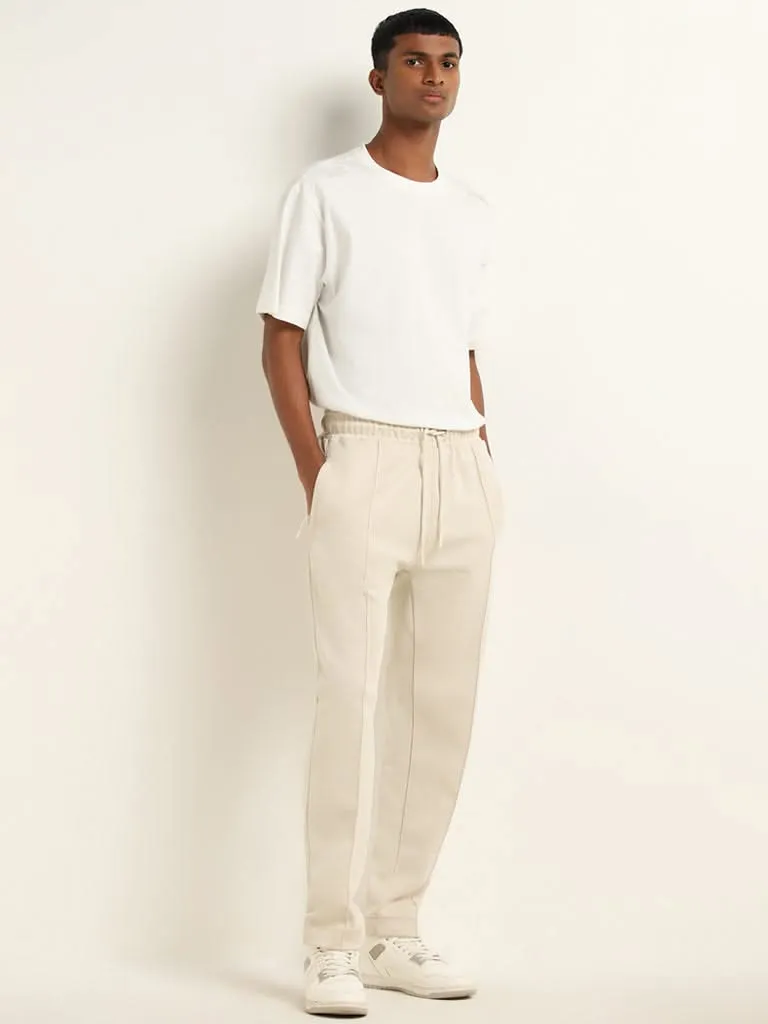 Studiofit Light Beige Relaxed-Fit Mid-Rise Cotton Track Pants