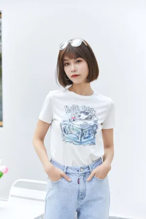 White Short Sleeve Cute Pattern Cotton T-shirt