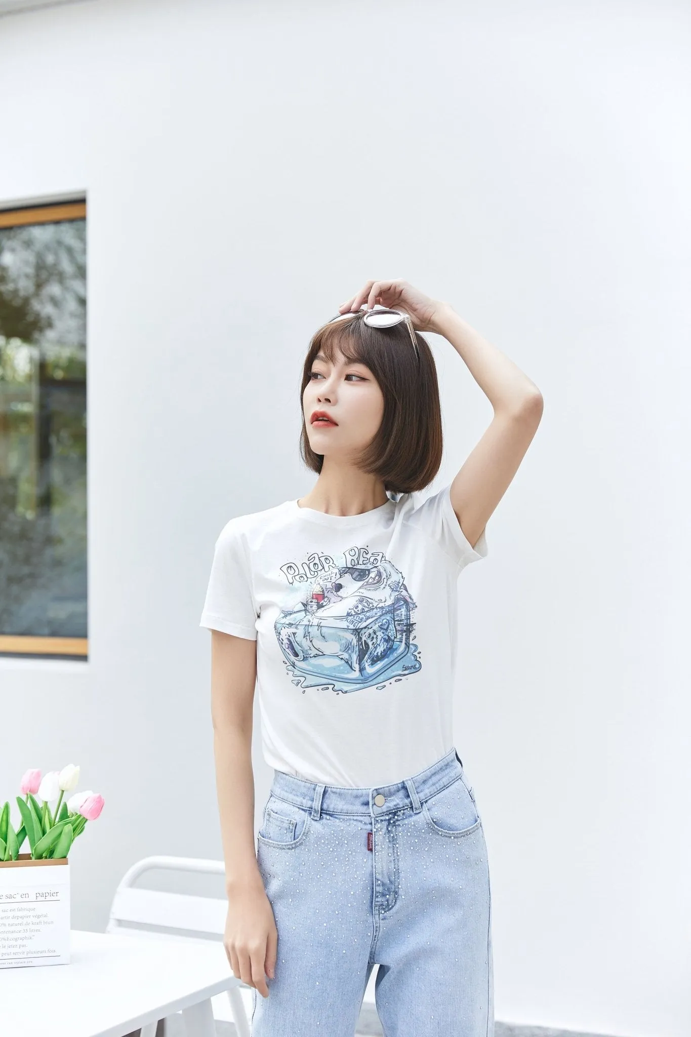 White Short Sleeve Cute Pattern Cotton T-shirt