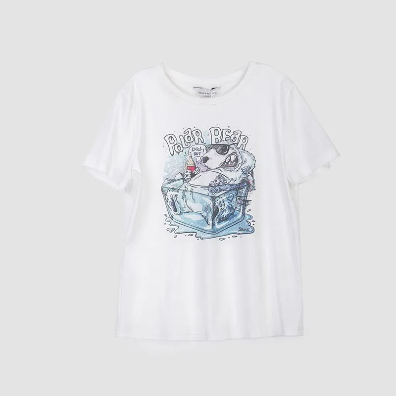 White Short Sleeve Cute Pattern Cotton T-shirt