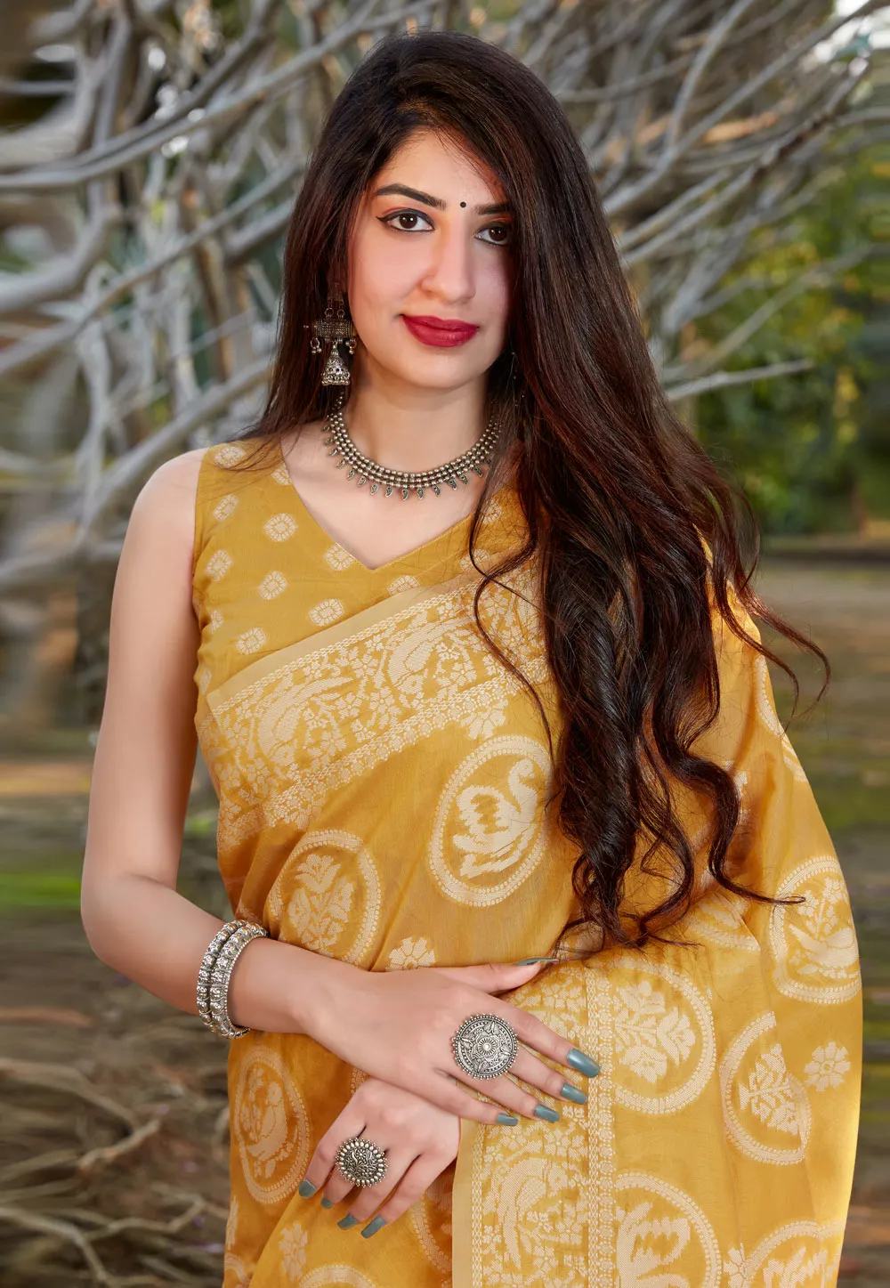 Yellow Printed Silk Saree